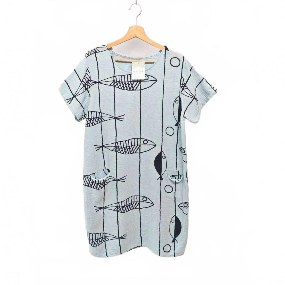 NEW LOOWIE women's fish print gauze cotton midi dress in sky blue
